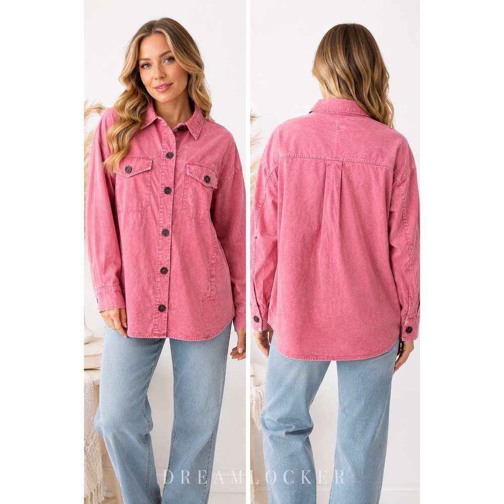 Zenana Women Pink Mineral Wash Cotton Oversized Shacket Button Up Jacket Medium‎